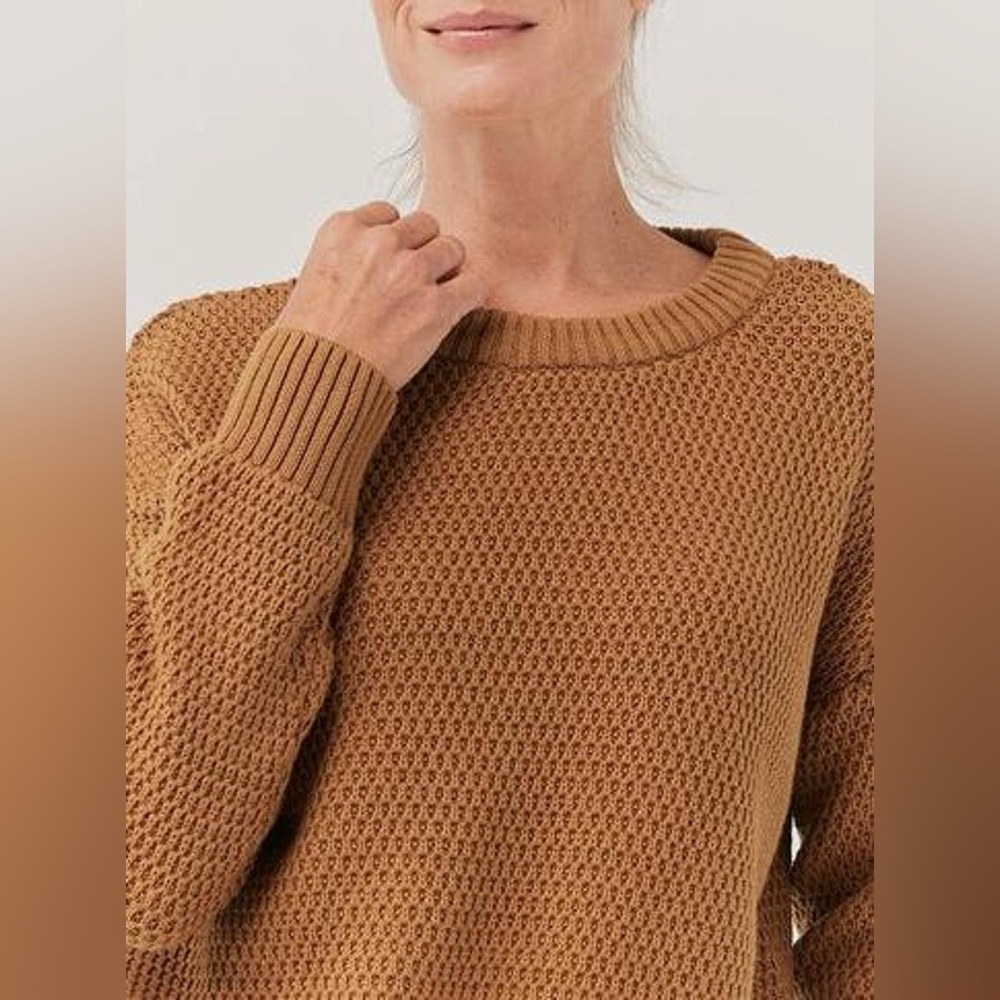 Pact Honeycomb Knit Crew Sweater Organic Cotton Camel Orange M